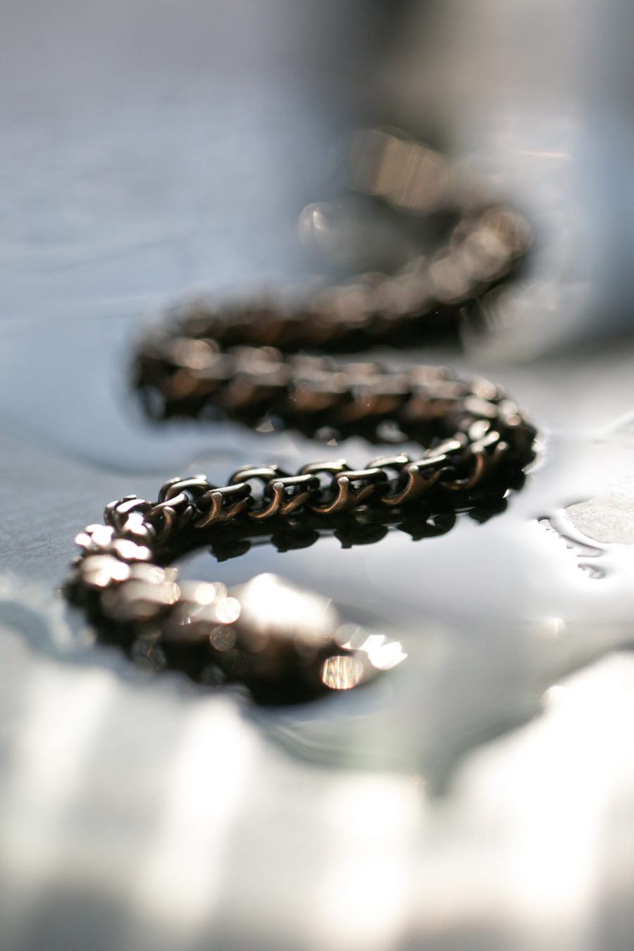 Fine handwoven silver chain hanging among branches
